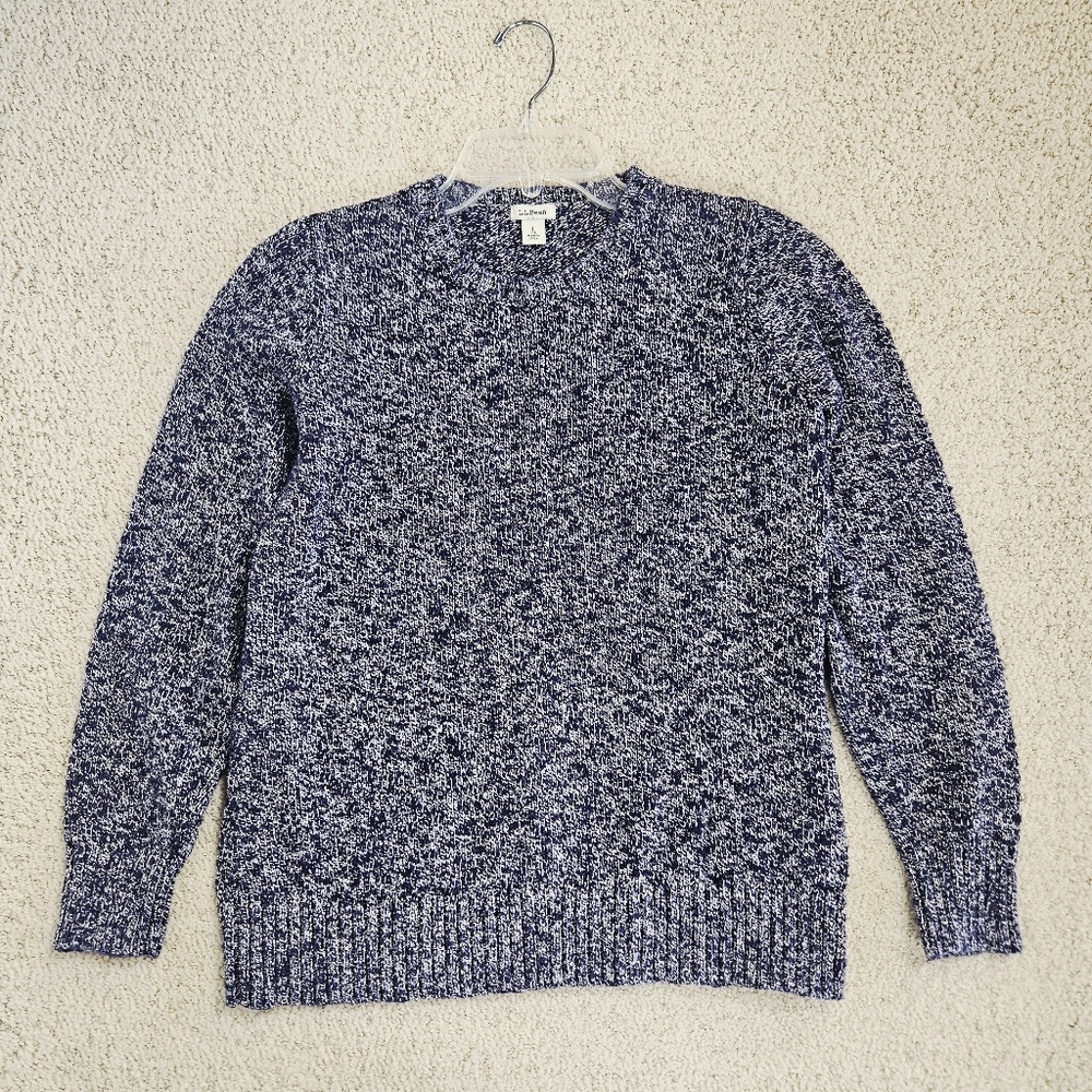 LL Bean Sweater Womens L Blue White Speckled Crew Neck Pullover Cotton Classic